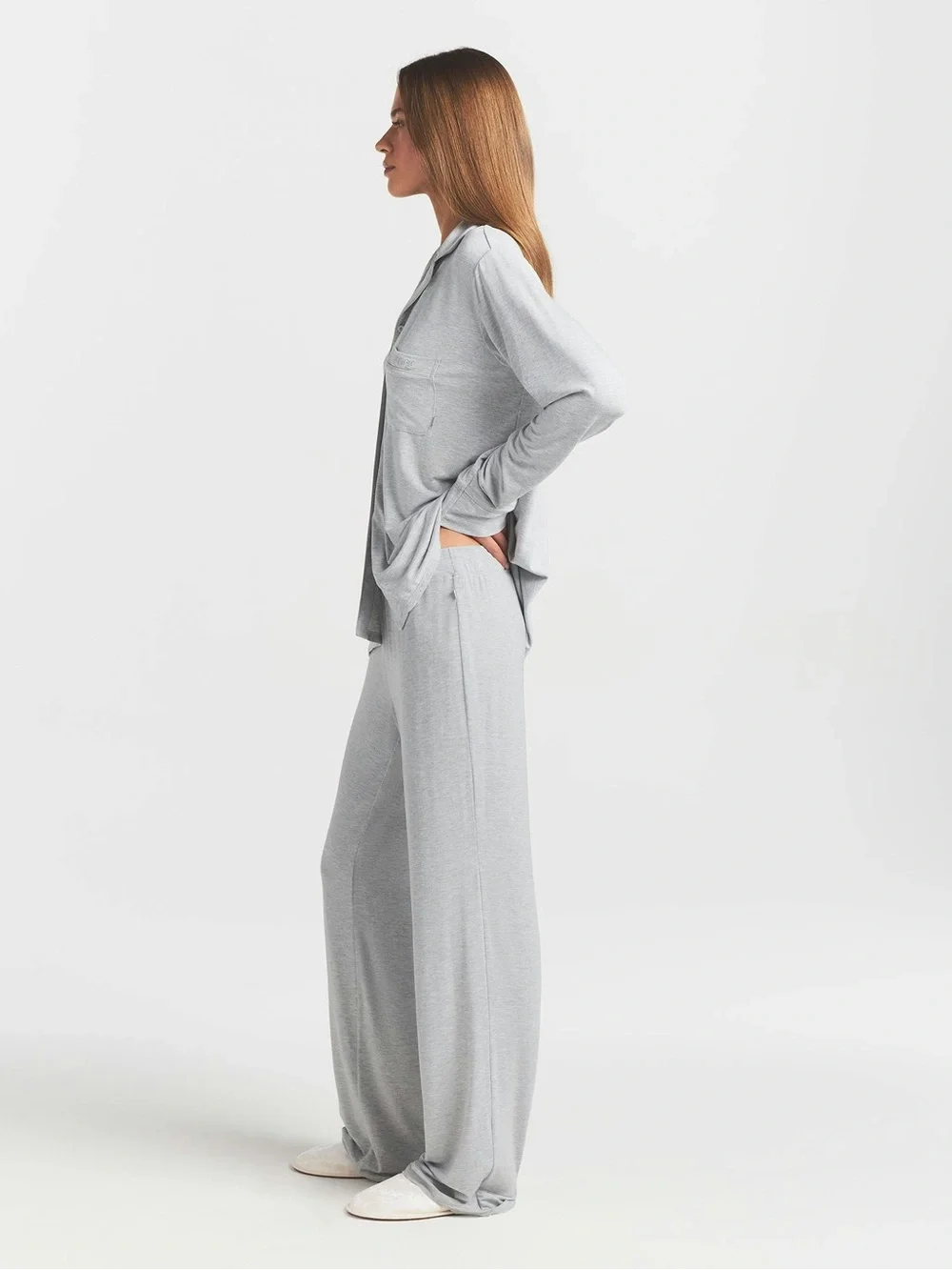 SKIMS Light Heather Grey Long-sleeve Sleep Set - Picture 2 of 5